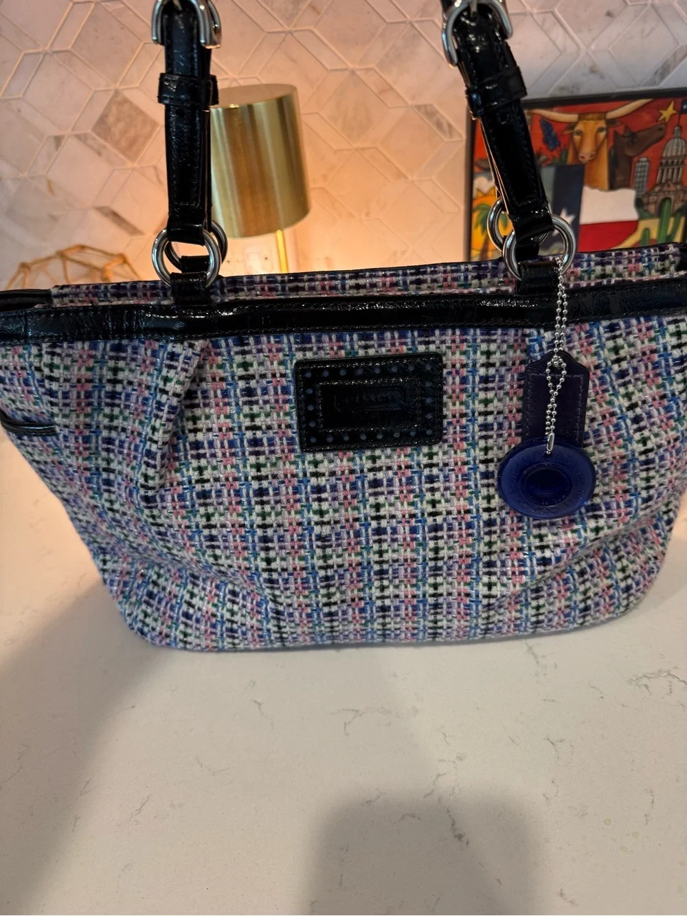 Coach Multicolor Tweed Shoulder Bag with Black Patent Trim